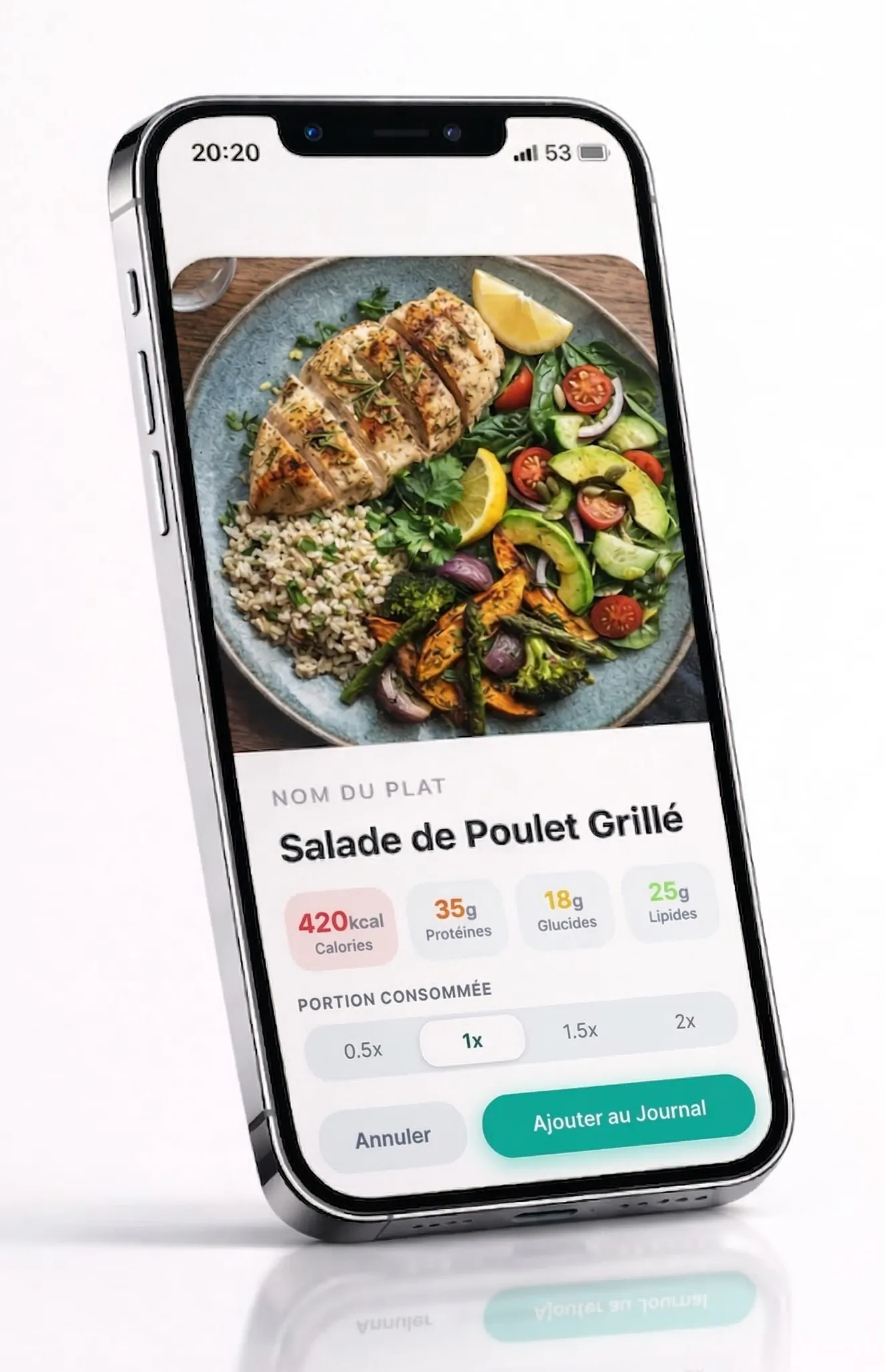 Écran de scan de repas — Salade de Poulet Grillé avec calories et macronutriments