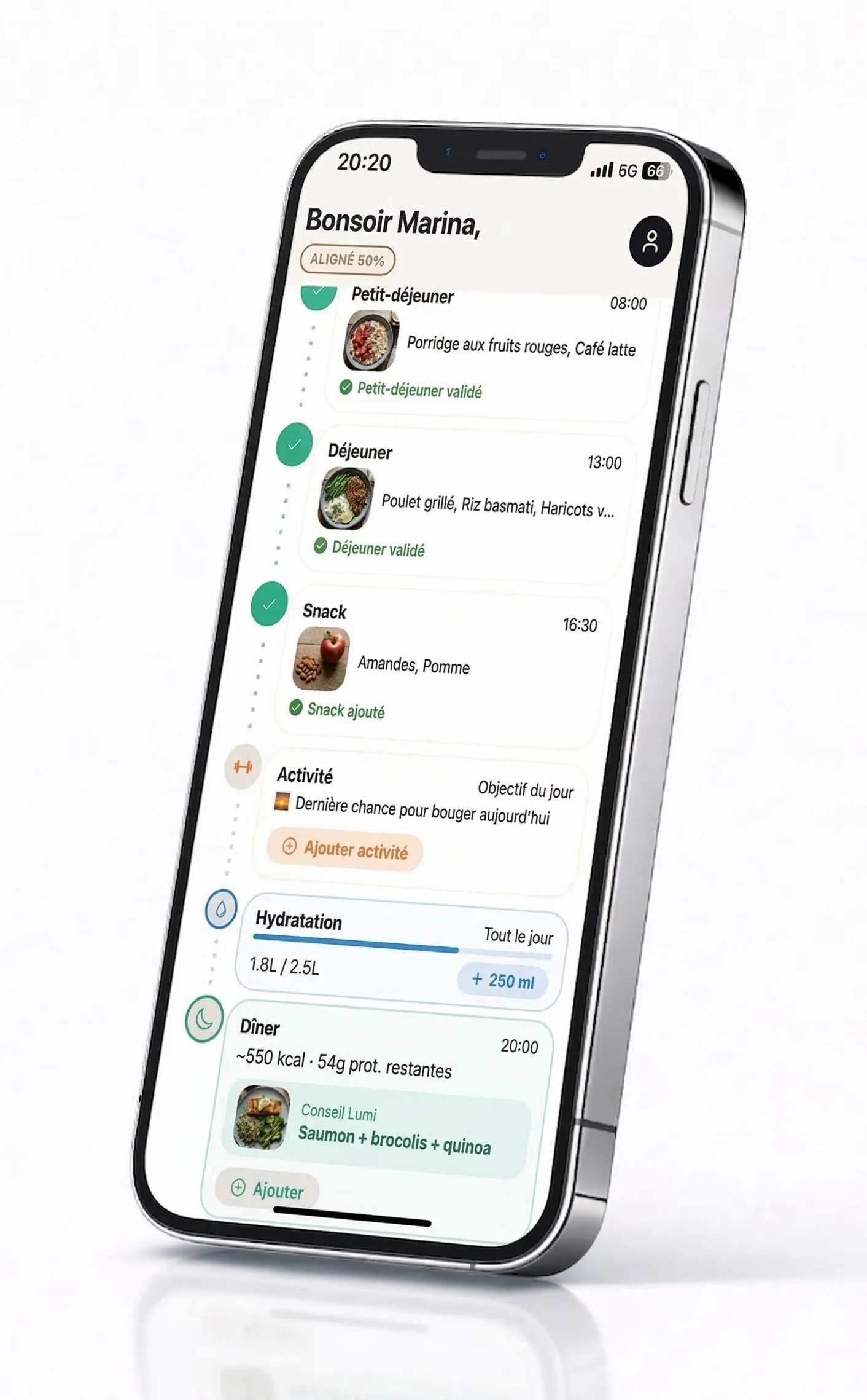 Timeline journalière — repas, activité, hydratation et suggestion dîner par Lumi
