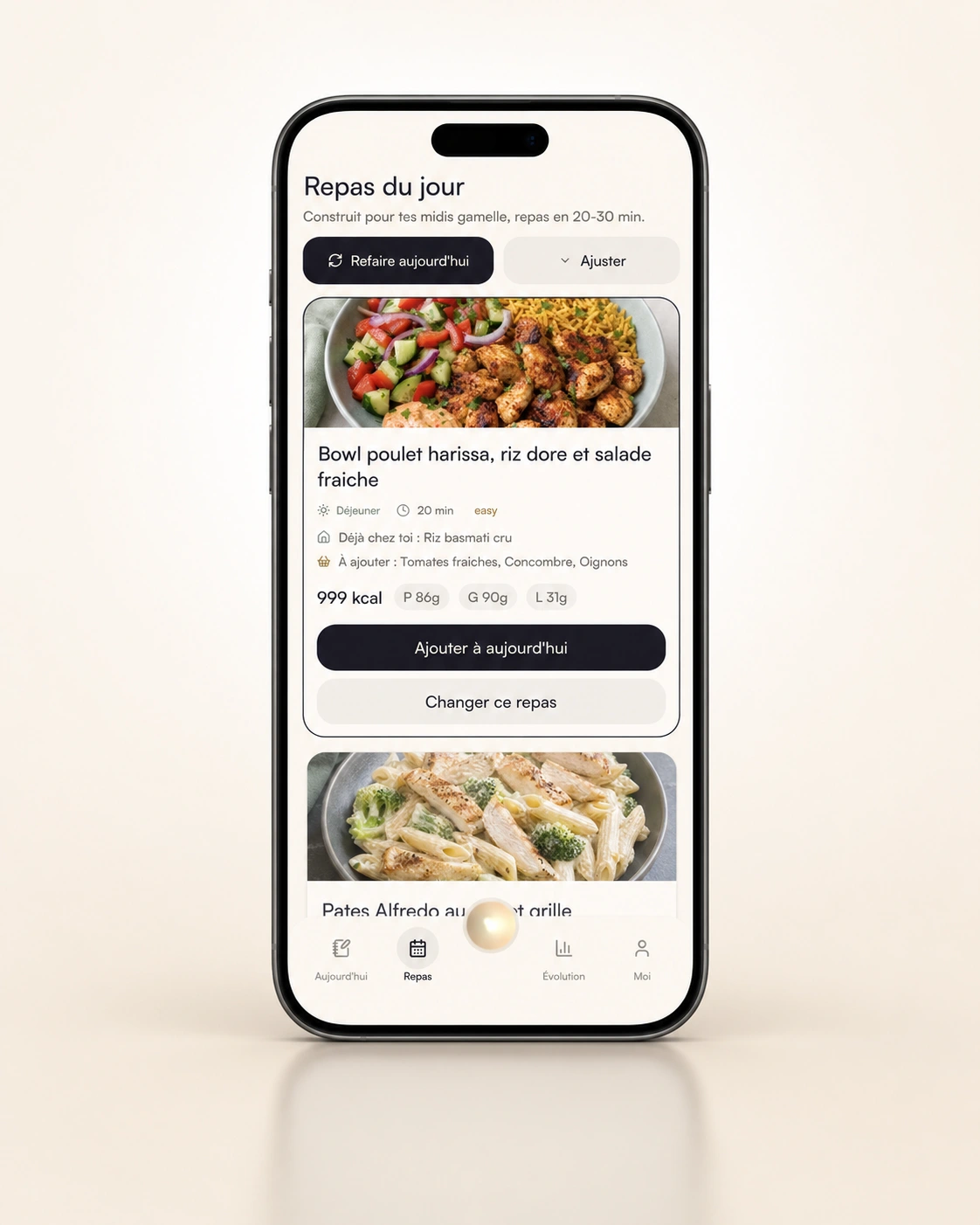 Mockup iPhone des repas du jour adaptés dans Lumealia